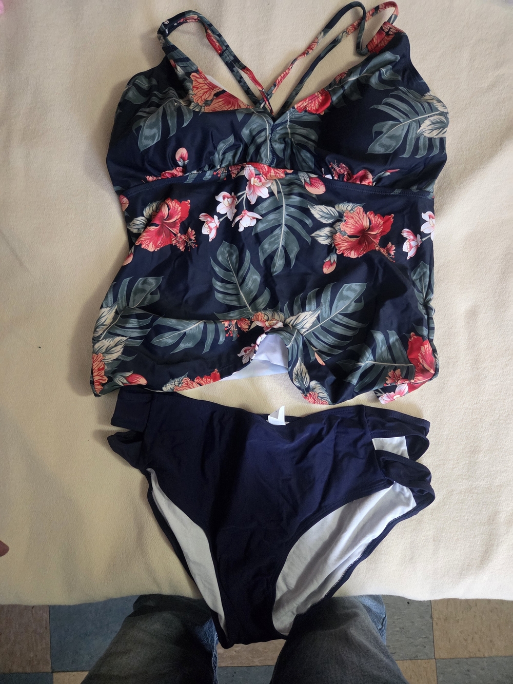 Floral Navy Two-Piece Tankini Swim Set - Navy with Pink Floral
